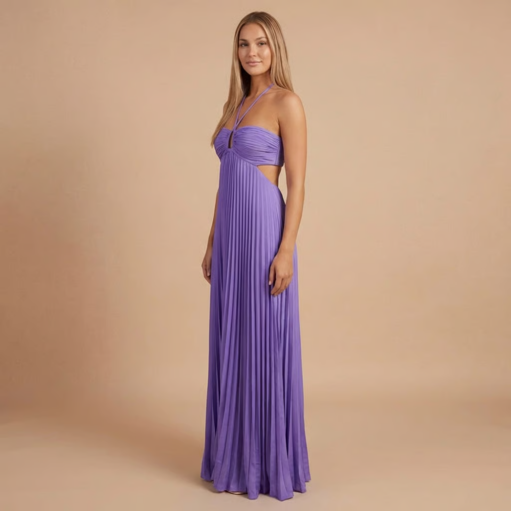 Elegant pleated halter maxi dress by Harrow, perfect for wedding guests, featuring flowing fabric and a stylish silhouette.