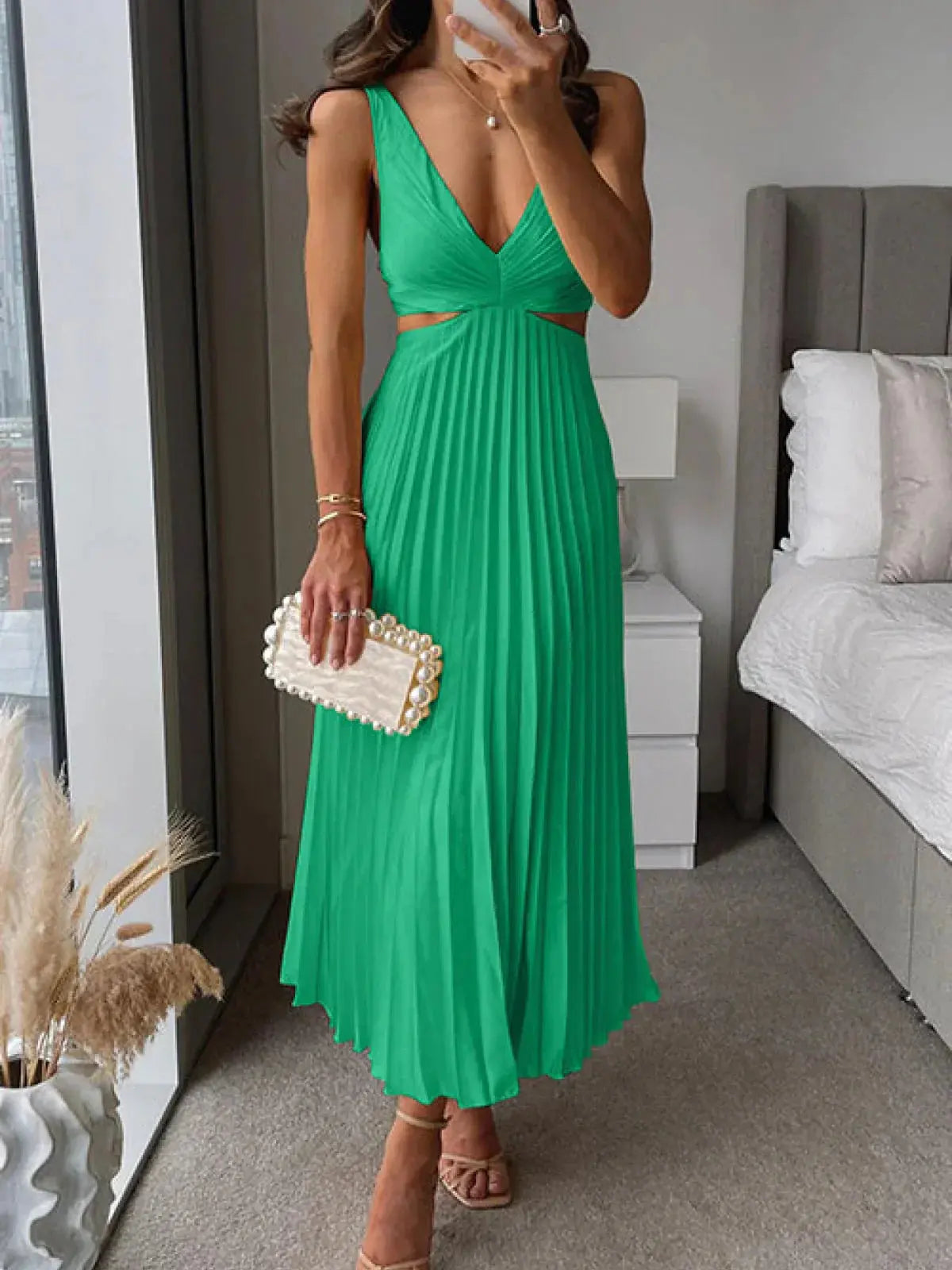 Elegant pleated midi dress for women by Harrow, featuring a V-neck and cutout details, perfect for wedding guests.