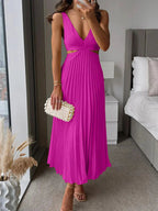 Elegant pleated midi dress for women by Harrow, featuring a V-neck and cutout details, perfect for wedding guest attire.