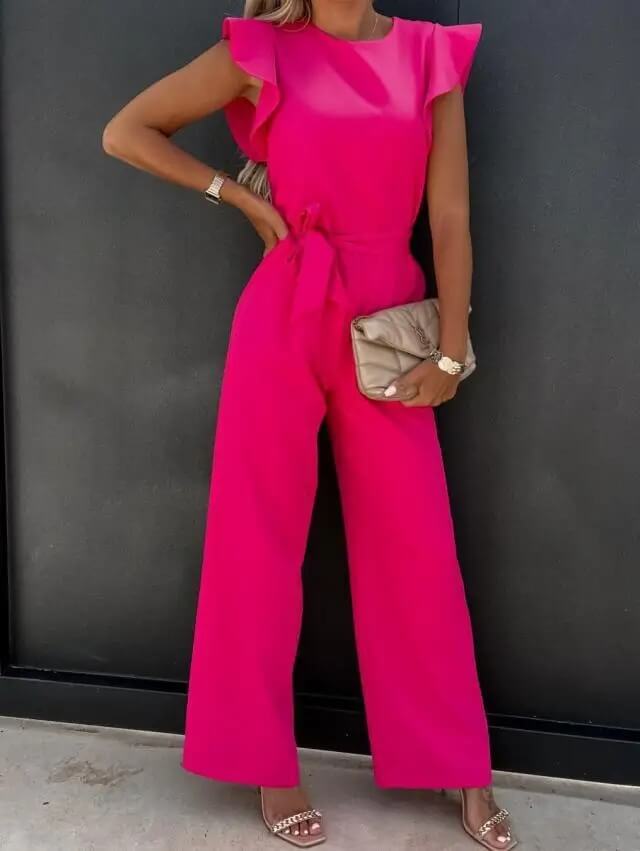 Elegant Harriet wide-leg jumpsuit with ruffle sleeves, perfect for wedding guests, featuring a stylish and sophisticated design.