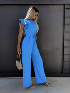 Elegant Harriet wide-leg jumpsuit with ruffle sleeves, perfect for wedding guests, by Harrow.