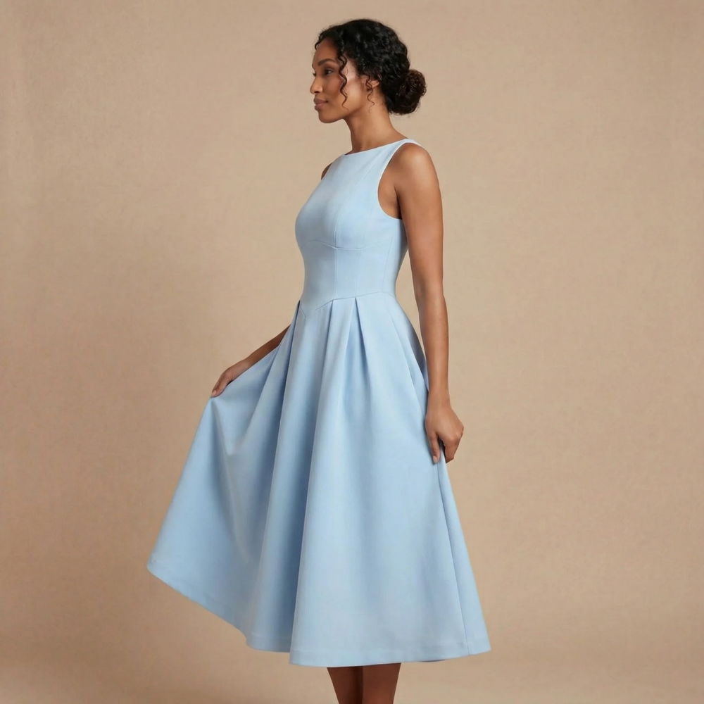 Harrow Hilde elegant sleeveless boat neck midi dress for women, designed for wedding guests, with a sophisticated and stylish fit.