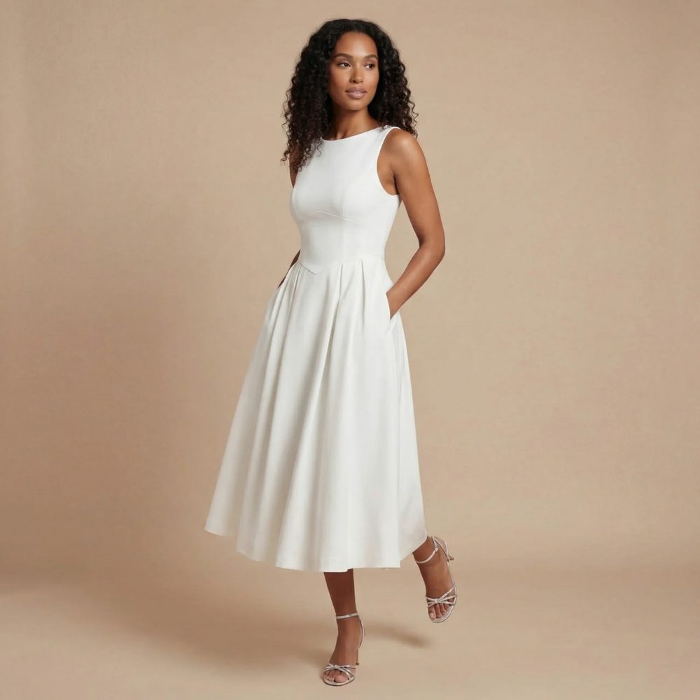 Harrow Hilde elegant sleeveless boat neck midi dress for women, perfect for wedding guests, shown in a stylish design.