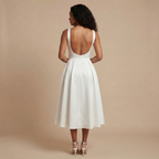 Elegant sleeveless Hilde midi dress by Harrow with a boat neckline, perfect for wedding guests, shown on a woman.