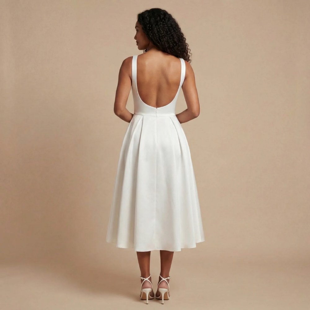 Elegant sleeveless Hilde midi dress by Harrow with a boat neckline, perfect for wedding guests, shown on a woman.