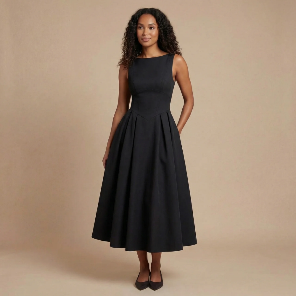 Harrow Hilde sleeveless boat neck midi dress for women, perfect for wedding guests, featuring elegant design and a flowing silhouette.