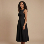 Women wearing the Harrow Hilde sleeveless boat neck midi dress, perfect for wedding guests, shown in a stylish, elegant design.
