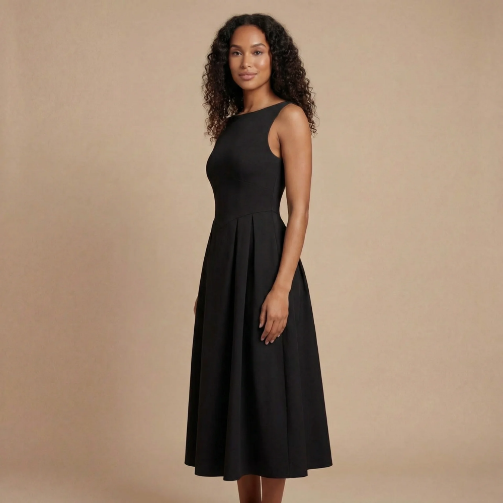 Women wearing the Harrow Hilde sleeveless boat neck midi dress, perfect for wedding guests, shown in a stylish, elegant design.