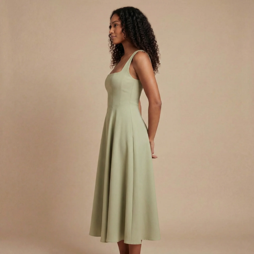 Harrow Honora elegant sleeveless midi dress with square neckline, perfect for women attending weddings as a guest.