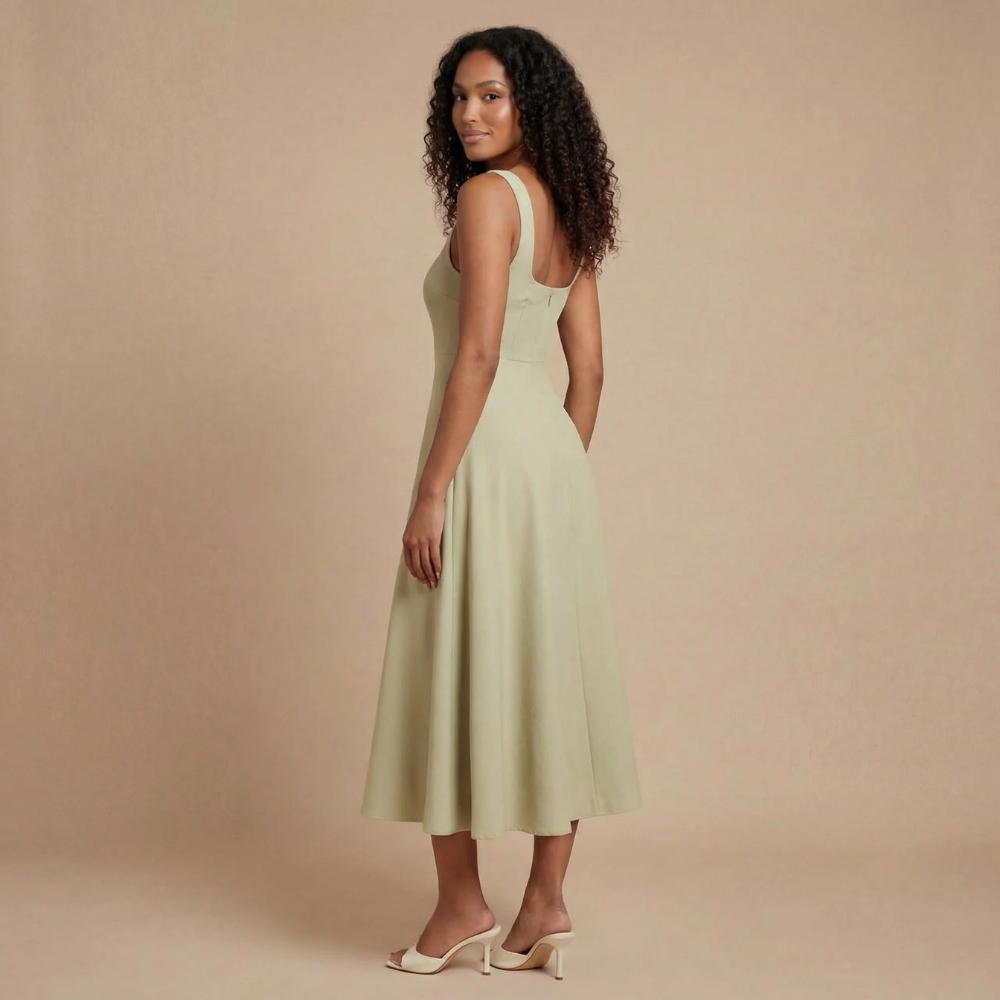 Women wearing a sleeveless square neck midi dress by Harrow, perfect for wedding guests, showcasing elegant, effortless style.