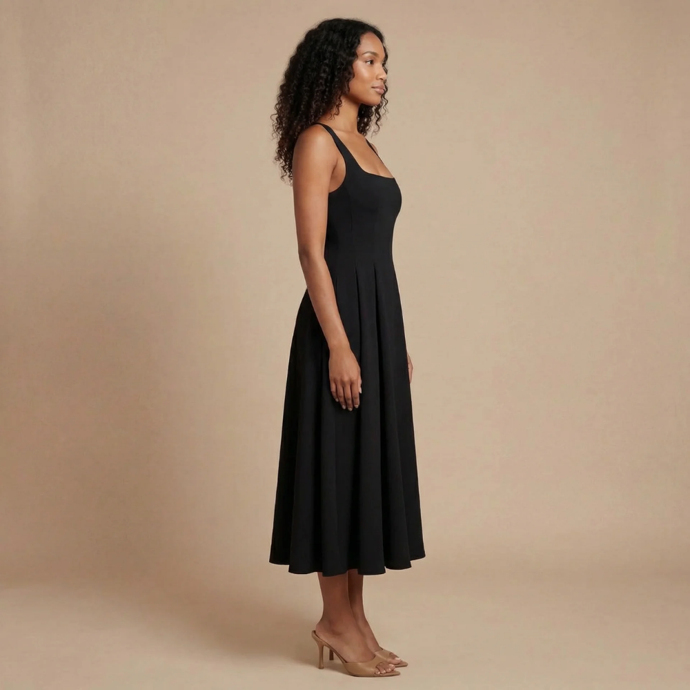 Elegant sleeveless midi dress by Harrow, perfect for women attending weddings, featuring a square neckline and sophisticated style.