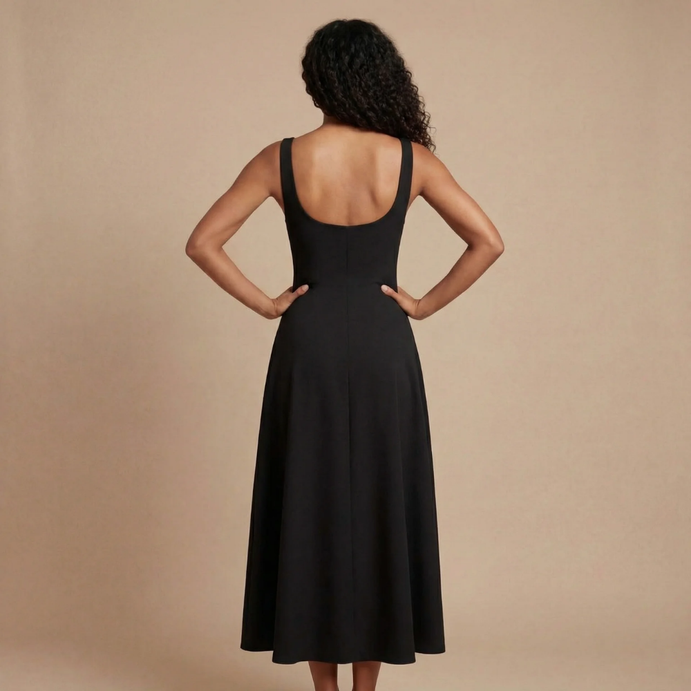 Women wearing a sleeveless, square-neck midi dress by Harrow, perfect for wedding guests, elegant and effortlessly stylish.