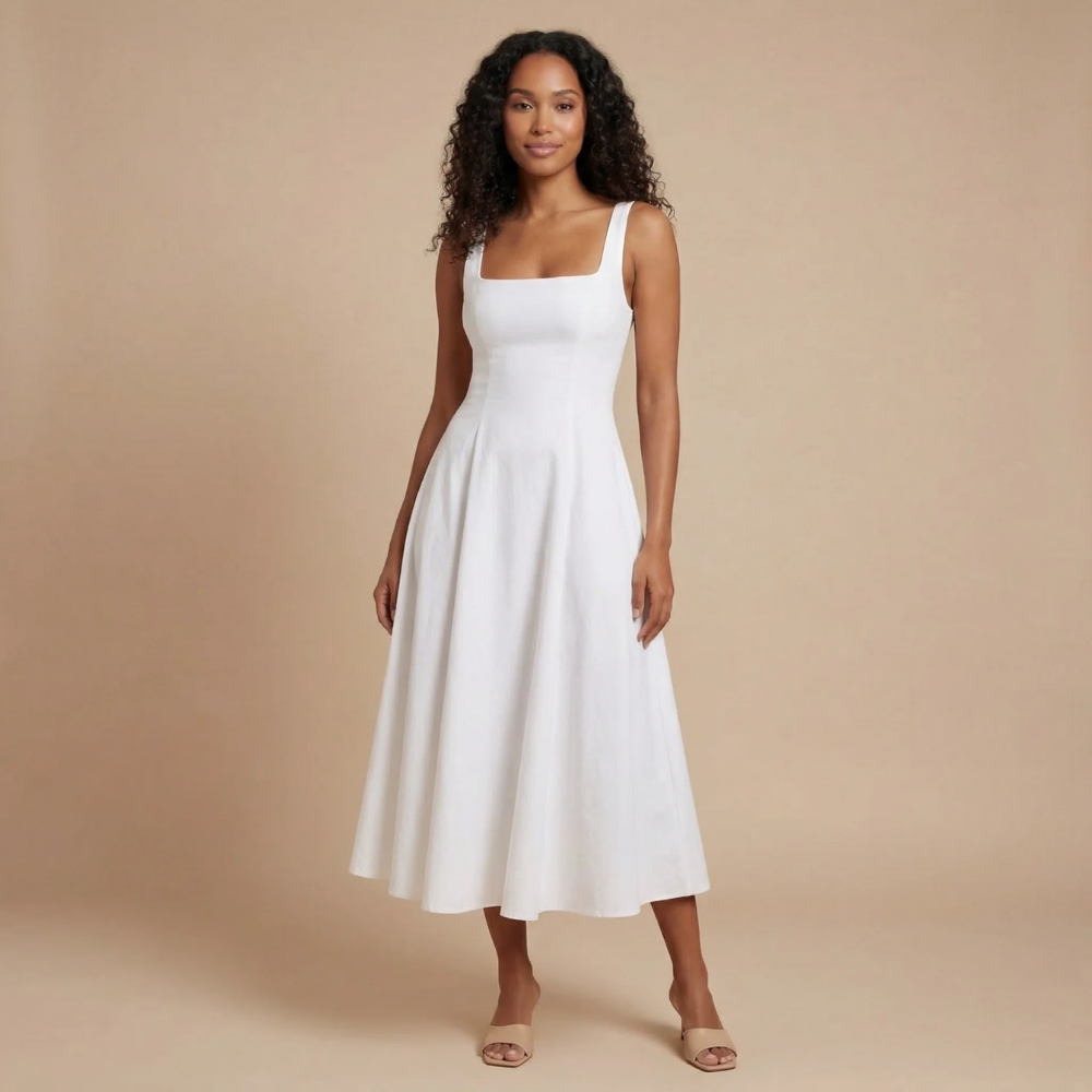 Women wearing a sleeveless, square-neck midi dress by Harrow, perfect for wedding guests, featuring an elegant, effortless style.