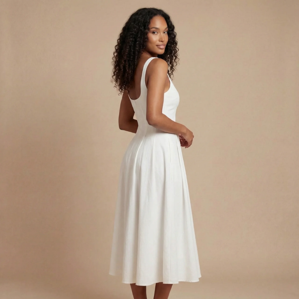 Harrow Honora sleeveless midi dress with square neckline, elegant design perfect for wedding guests.