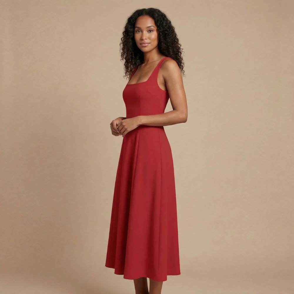 Women wearing a sleeveless, square-neck midi dress by Harrow, perfect for wedding guests, featuring an elegant and effortless style.