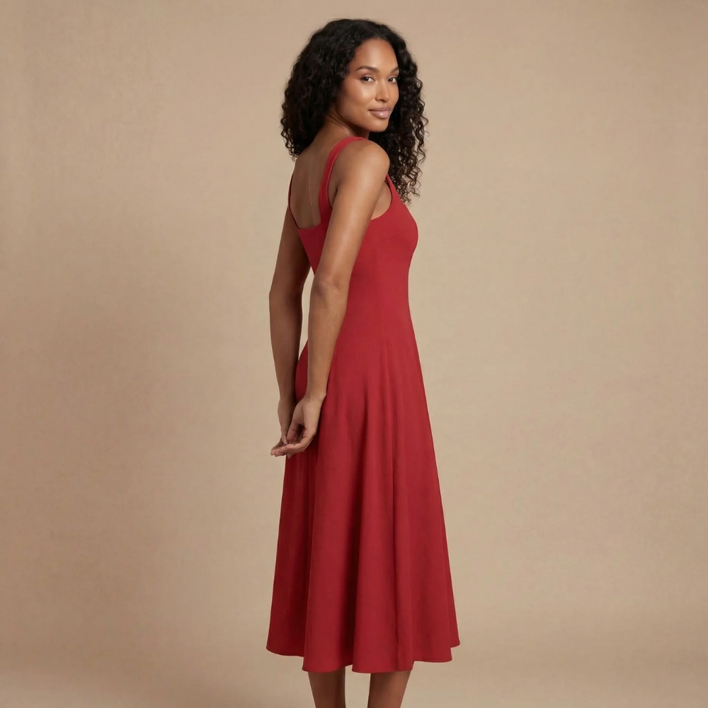 Women wearing a sleeveless square neck midi dress by Harrow, perfect for wedding guests, featuring a sleek and elegant design.