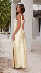 Women wearing the Harrow Hope Luxe Satin Maxi Dress with square neckline, perfect for wedding guests.