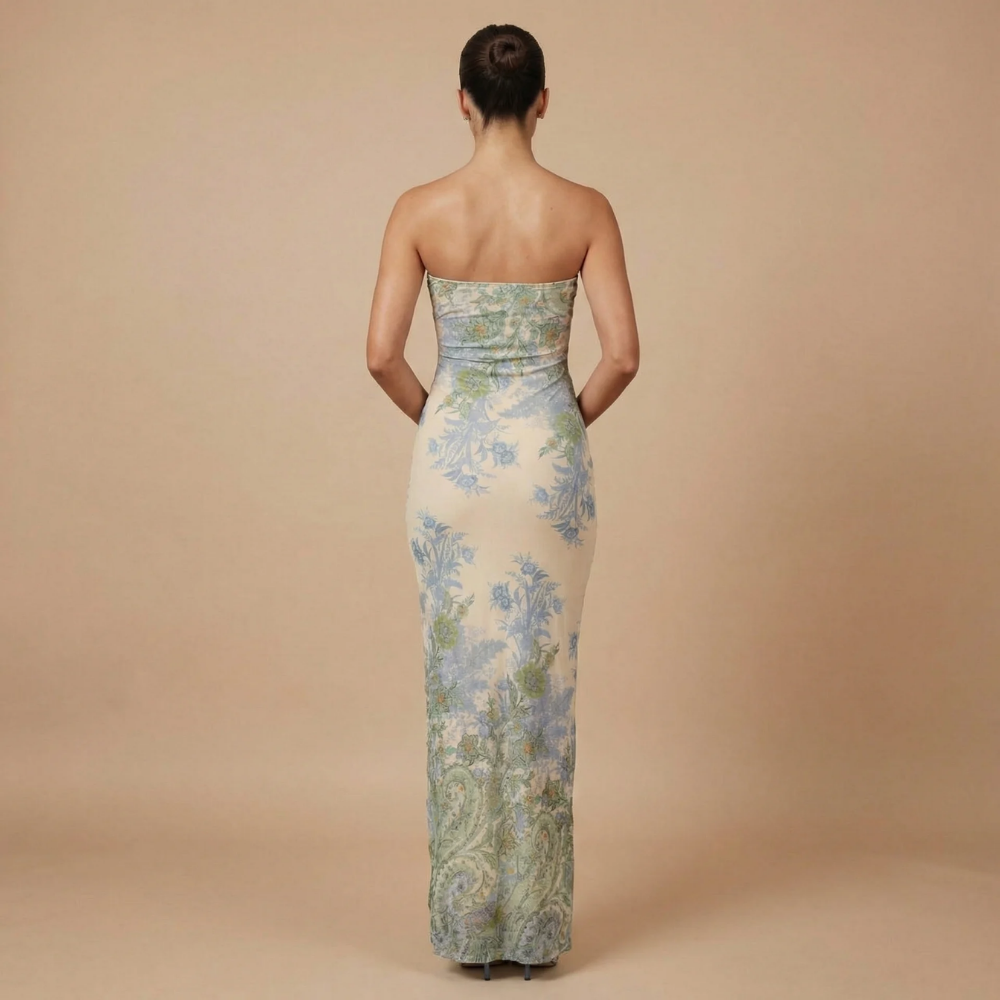 Harrow Ilaria floral maxi dress for women, strapless wedding guest gown with a dreamy floral pattern and elegant flowing design.