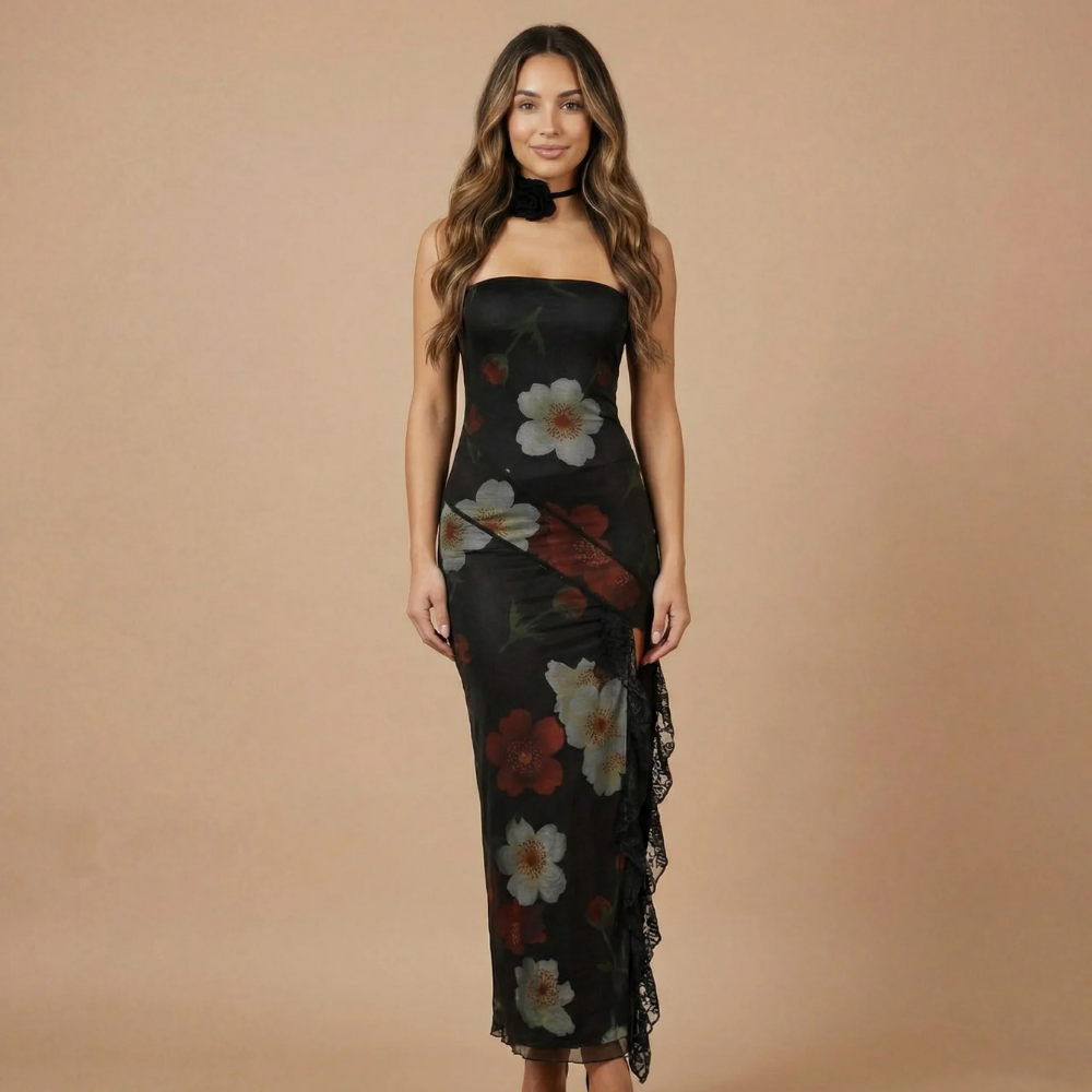 Women wearing the Harrow Ilaria floral maxi dress, strapless design, perfect for wedding guests with a dreamy floral pattern.
