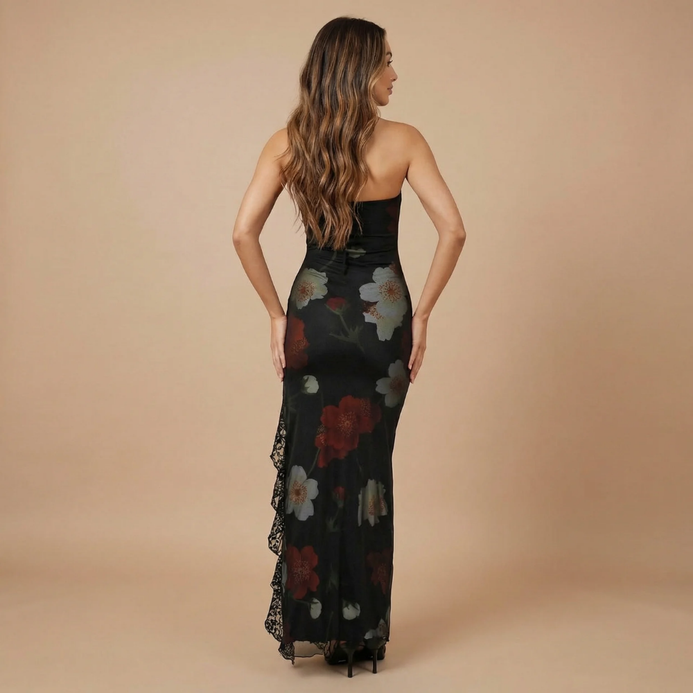 Harrow Ilaria floral maxi dress for women, strapless wedding guest dress with a dreamy floral pattern and flowing silhouette.