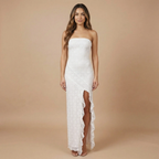 Women wearing Harrow Ilaria floral maxi dress, strapless wedding guest dress with a dreamy floral pattern and flowing silhouette.