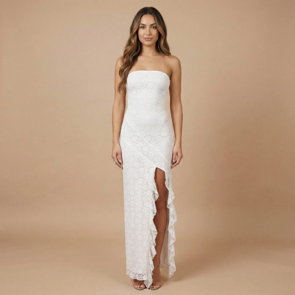 Women wearing Harrow Ilaria floral maxi dress, strapless wedding guest dress with a dreamy floral pattern and flowing silhouette.