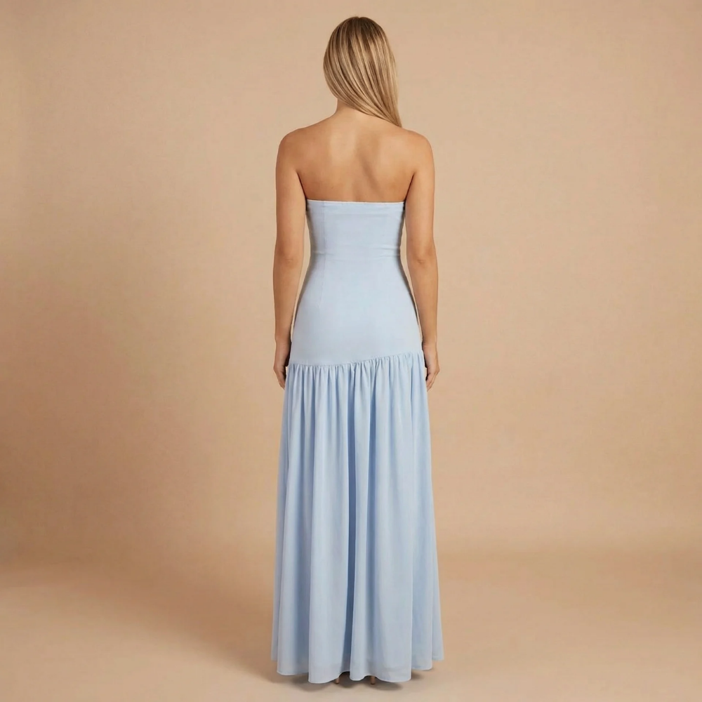 Elegant strapless maxi dress for women by Harrow, featuring a slit, perfect for wedding guests and formal occasions.