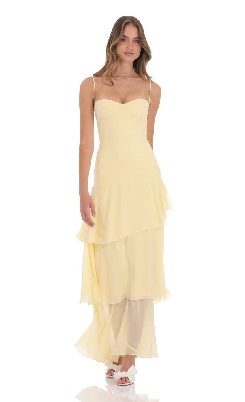 Women wearing the Harrow Irina ruffle maxi dress with a sweetheart neckline, perfect for wedding guests.