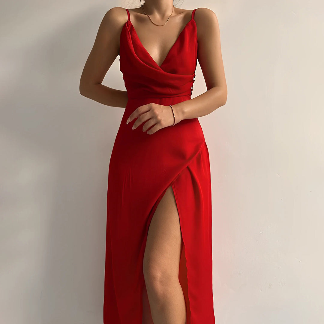 Harrow Isolde elegant V-neck maxi dress for women, featuring a stylish slit, perfect for wedding guests and formal occasions.