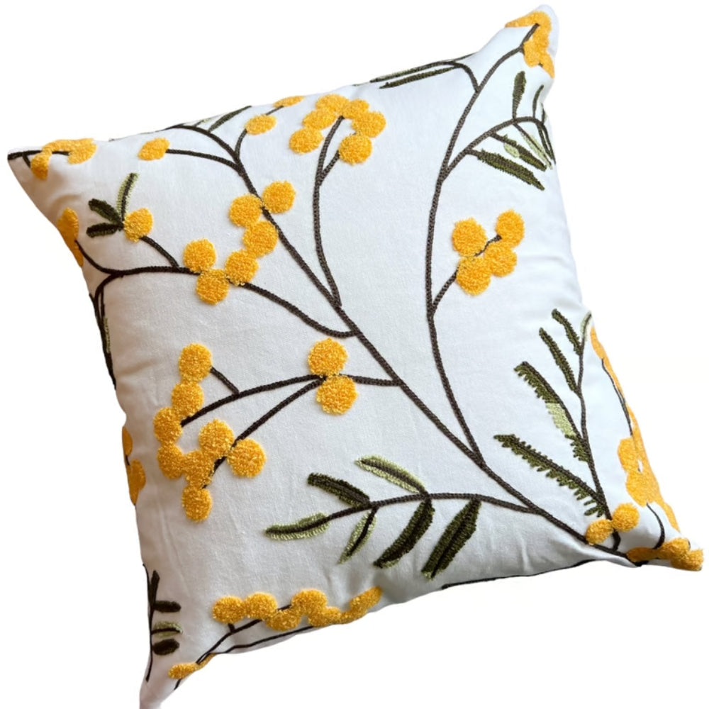 Yellow Bloom Leaf Embroidery Cushion Cover Soft Microfiber Blend Hidden Zipper 18x18 12x20