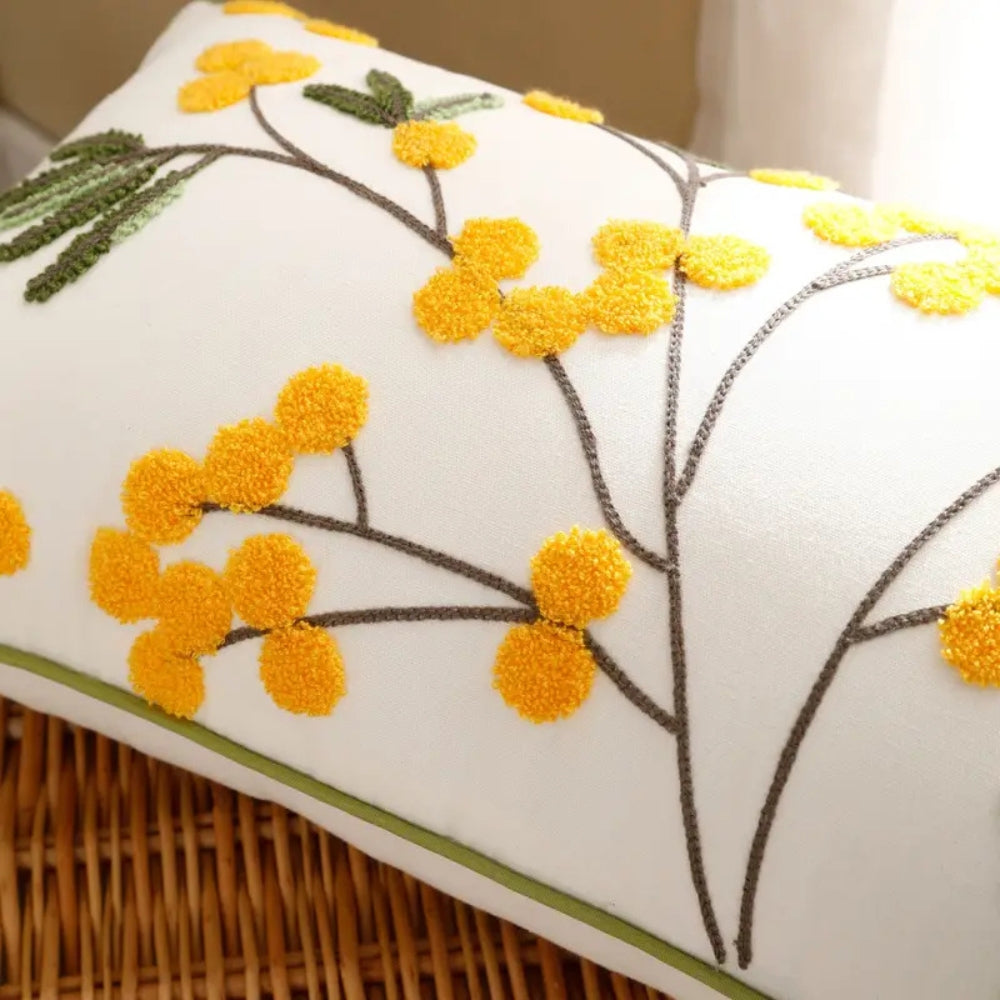 Yellow Bloom Leaf Embroidery Cushion Cover Soft Microfiber Blend Hidden Zipper 18x18 12x20