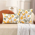 Yellow Bloom Leaf Embroidery Cushion Cover Soft Microfiber Blend Hidden Zipper 18x18 12x20