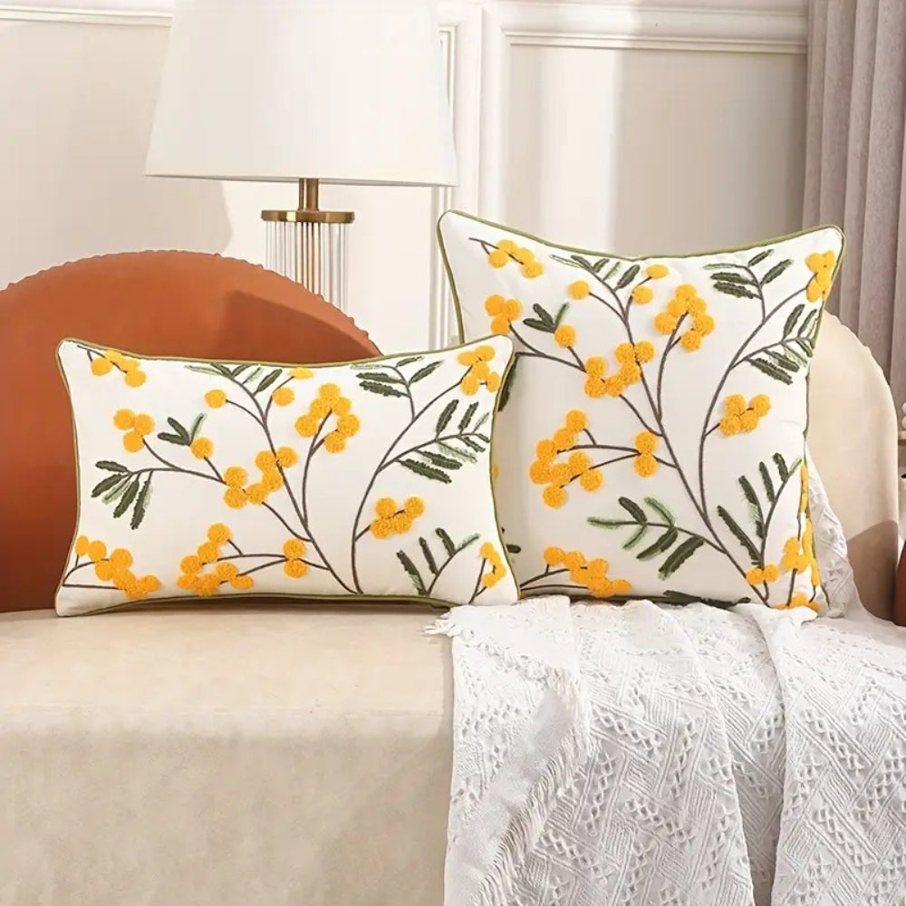 Yellow Bloom Leaf Embroidery Cushion Cover Soft Microfiber Blend Hidden Zipper 18x18 12x20