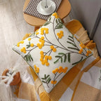 Yellow Bloom Leaf Embroidery Cushion Cover Soft Microfiber Blend Hidden Zipper 18x18 12x20