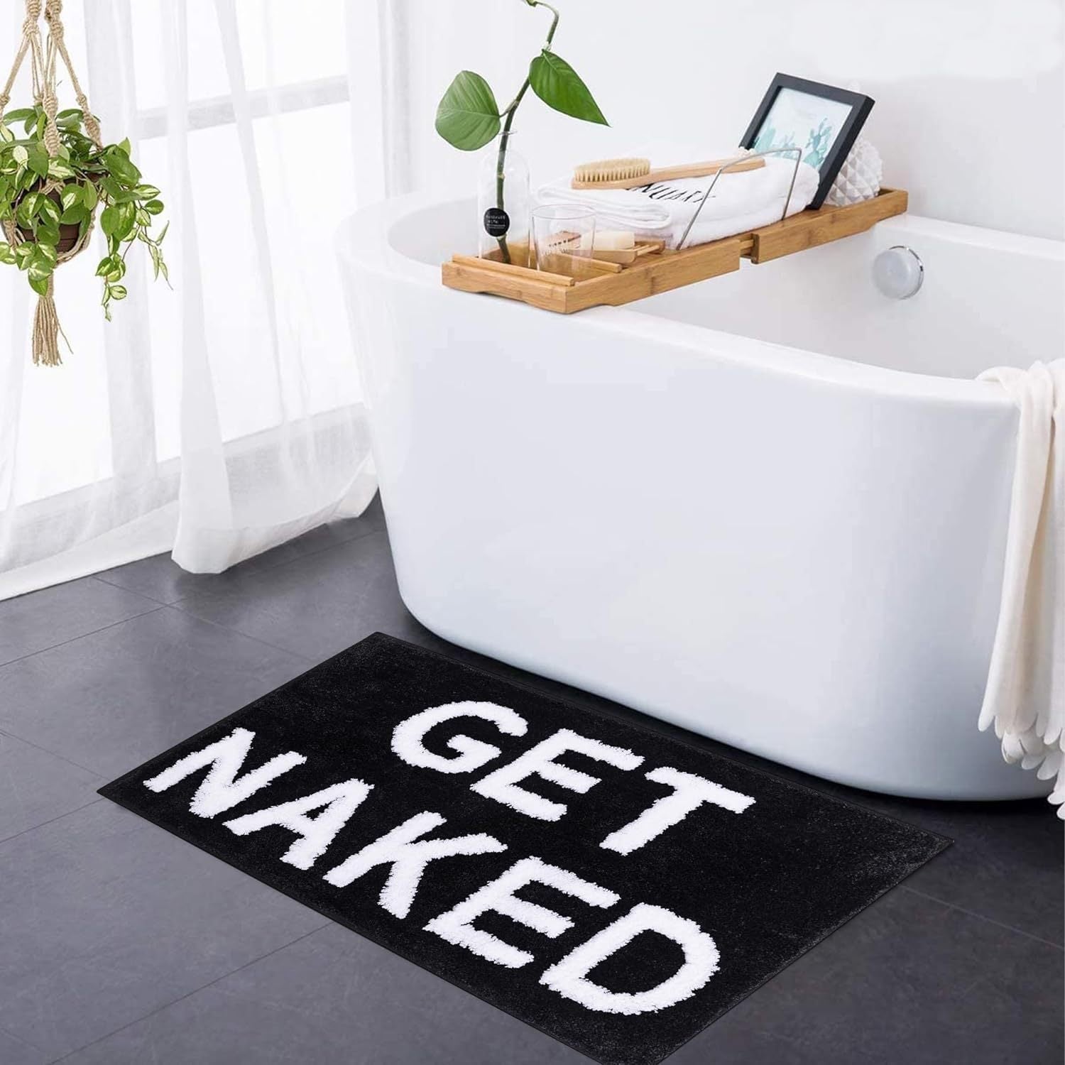 Get Naked Soft Tufted Bath Mat Absorbent Bathroom Rug with Playful Text Design