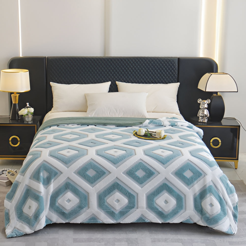 Double Layer Geometric Throw Blanket Cotton-Poly Blend Soft Lightweight All-Season Cozy Throw for Bed Sofa