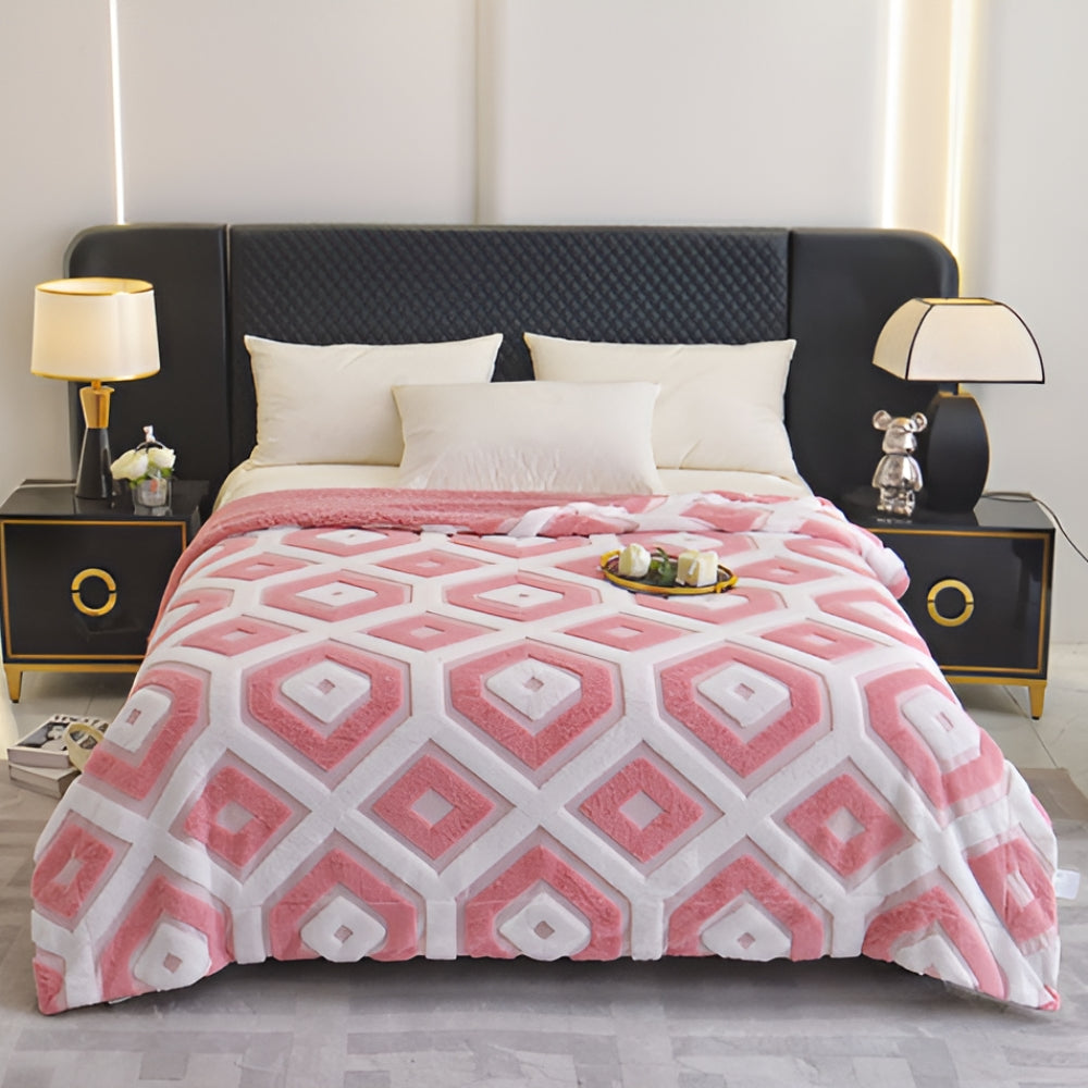 Double Layer Geometric Throw Blanket Cotton-Poly Blend Soft Lightweight All-Season Cozy Throw for Bed Sofa
