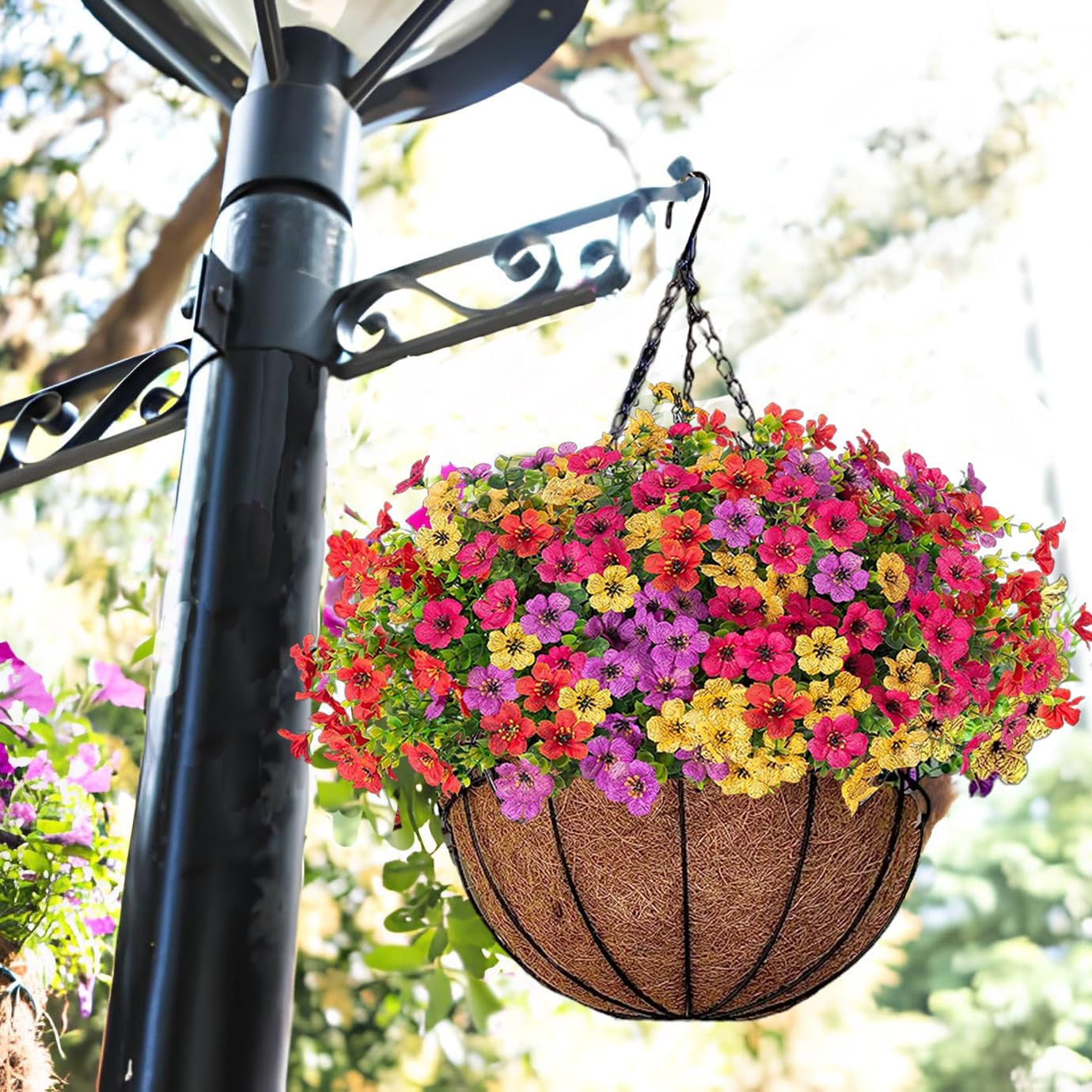 EterniBloom Artificial Hanging Flower Basket with 12 Silk Flowers Weatherproof UV-Resistant Decor