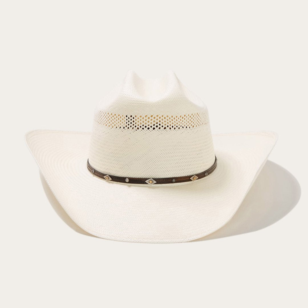 Straw Cowboy Hat Cattleman Crown Ventilated Leather Hatband Silver Gold Accents 4 1/4" Brim 4 1/8" Crown
