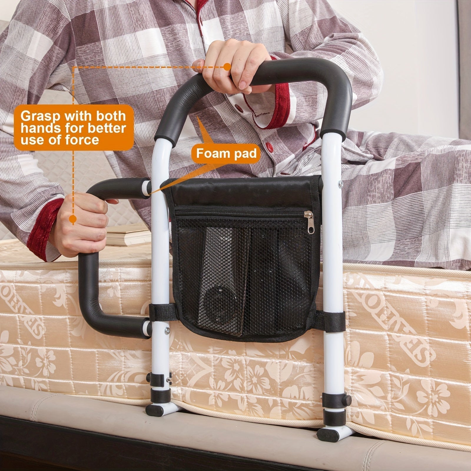 Bed Assist Handle with Dual Grip Metal Frame and Storage Bag for Twin to King Beds