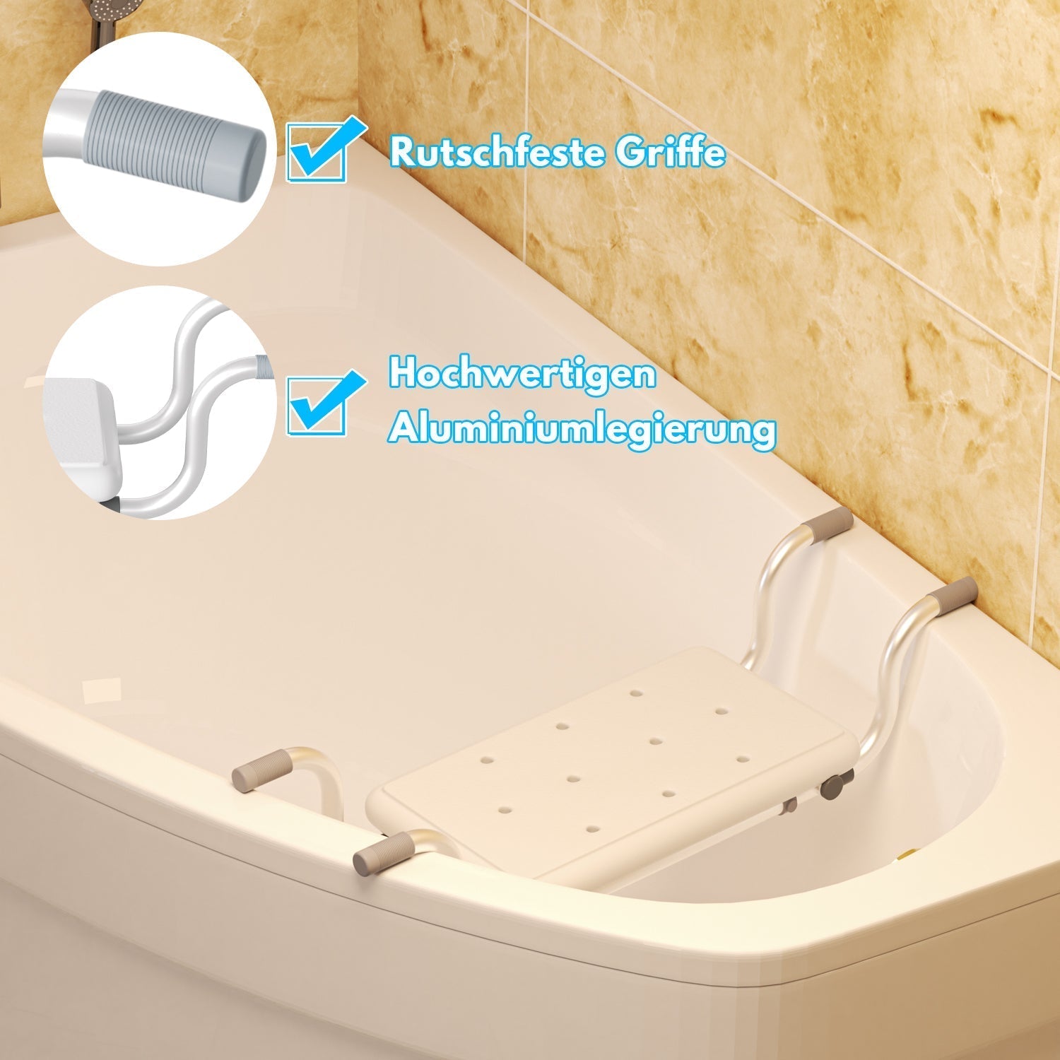 Adjustable Hanging Bathtub Seat with Non-Slip Handles Aluminum Alloy Frame Bath Stool 72-82 cm