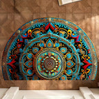 Half Moon Mandala Door Mat Semi-Circular Polyester Entry Mat with Anti-Slip Backing and Machine Washable Design