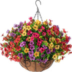 EterniBloom Artificial Hanging Flower Basket with 12 Silk Flowers Weatherproof UV-Resistant Decor