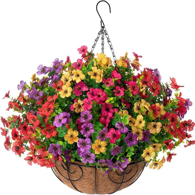 EterniBloom Artificial Hanging Flower Basket with 12 Silk Flowers Weatherproof UV-Resistant Decor