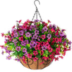 EterniBloom Artificial Hanging Flower Basket with 12 Silk Flowers Weatherproof UV-Resistant Decor