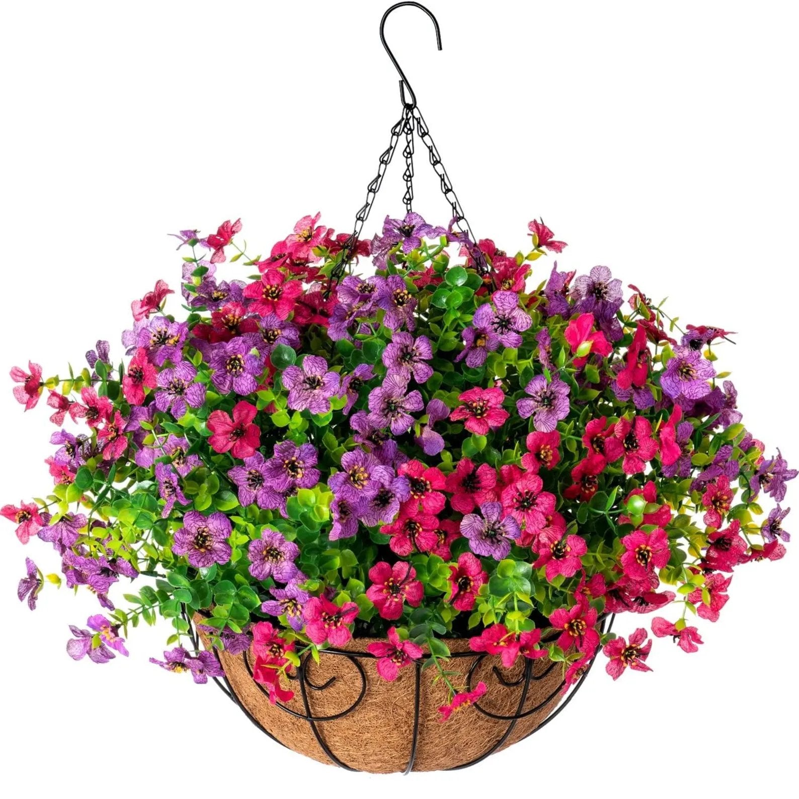 EterniBloom Artificial Hanging Flower Basket with 12 Silk Flowers Weatherproof UV-Resistant Decor