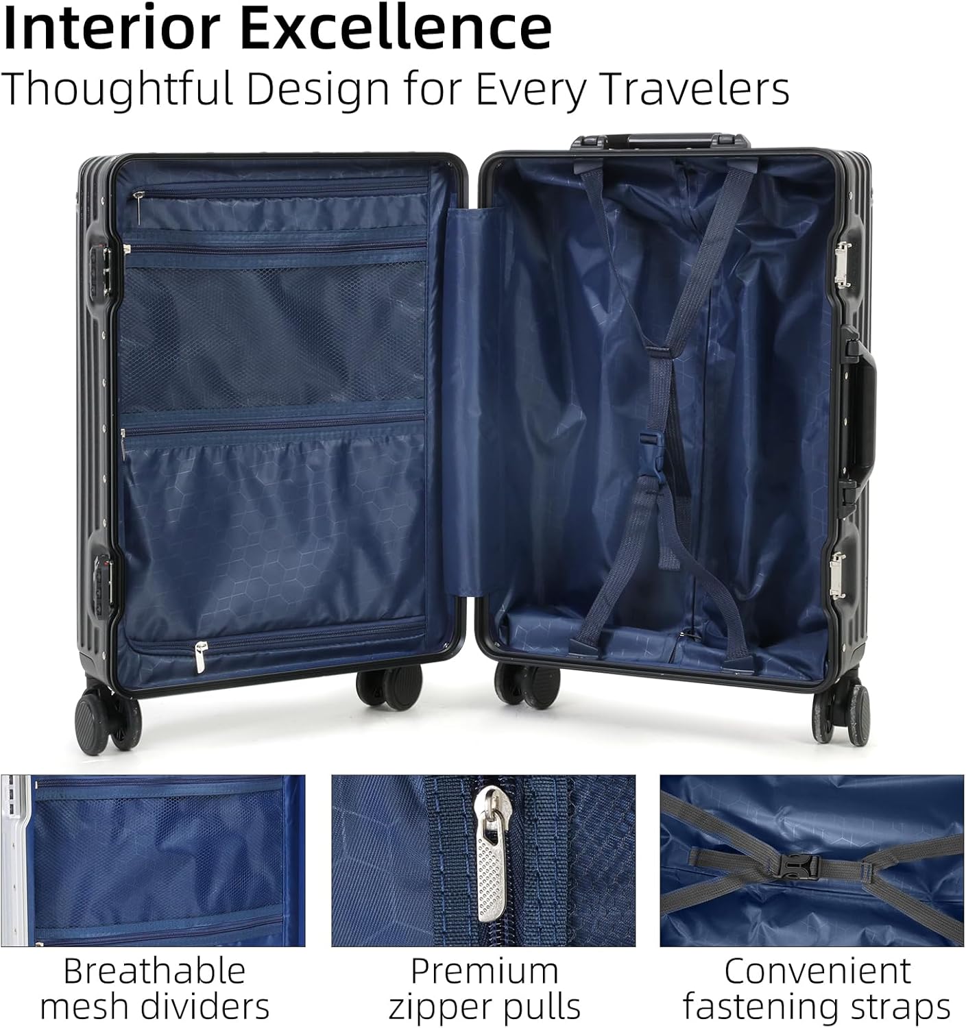 Aluminium Frame Carry-On Luggage TSA Lock 20" & 24" Silent Spinner Wheels Black