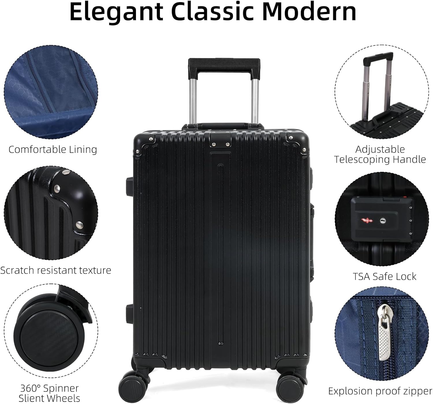 Aluminium Frame Carry-On Luggage TSA Lock 20" & 24" Silent Spinner Wheels Black