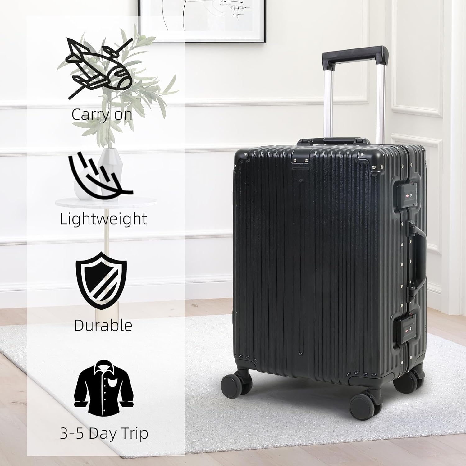 Aluminium Frame Carry-On Luggage TSA Lock 20" & 24" Silent Spinner Wheels Black