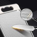 Dual-Sided Stainless Steel Cutting Board with Built-In Knife Sharpener and Non-Slip Silicone Rim 36.5x25cm
